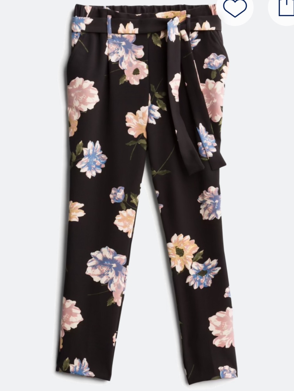 Floral Print Belted Pants - Black with Pink & Blue Blooms